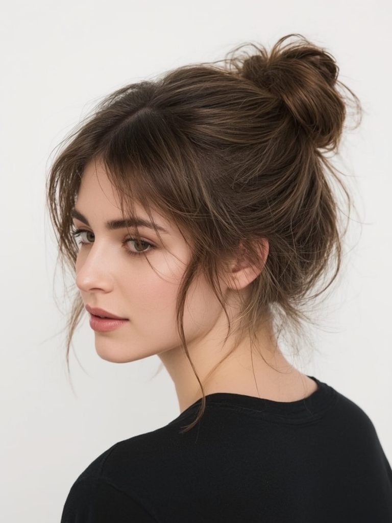 Long Hair Older Women: Messy Bun with Face-Framing Tendrils