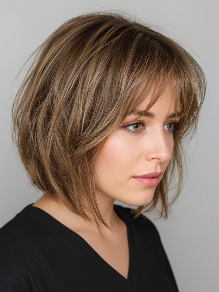 Hairstyle For Thin Fine Hair Over 50: Choppy Lob with Balayage