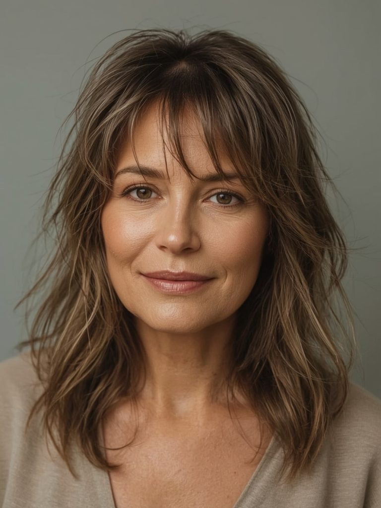 Long Hair Older Women: Layered Cut with Curtain Bangs