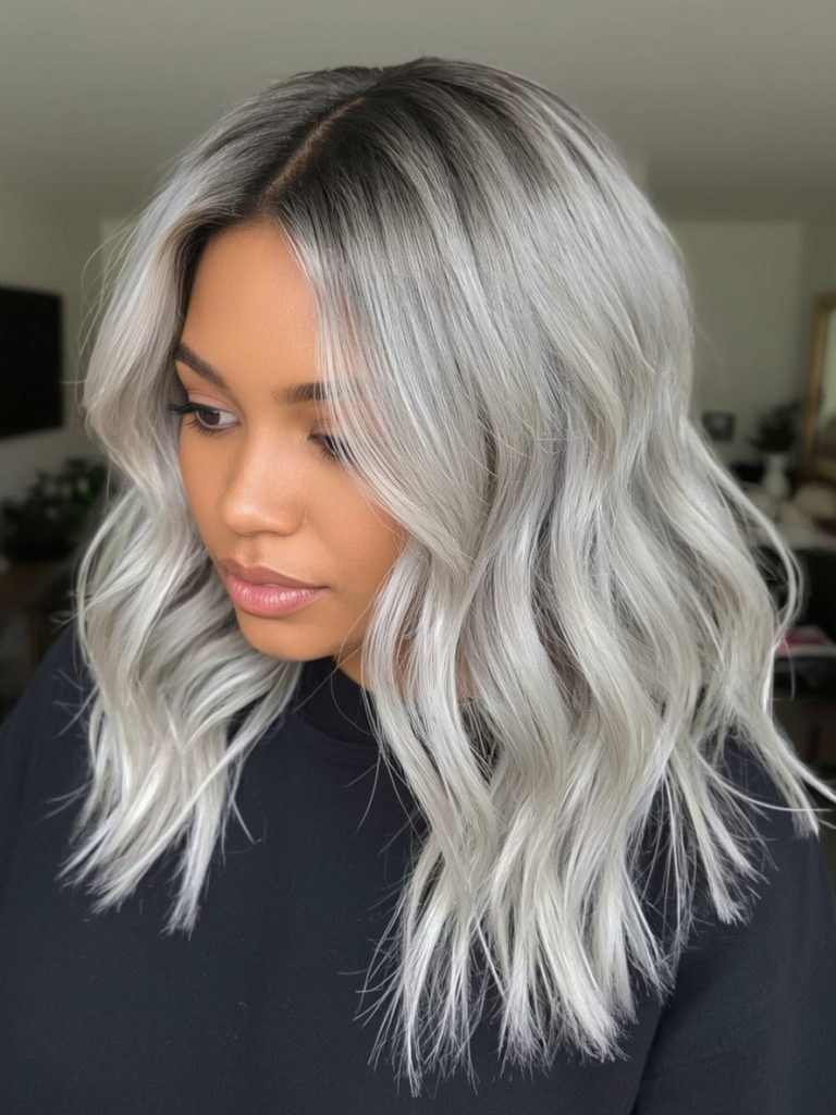 Silver Side Swept Bangs on Dark Skin