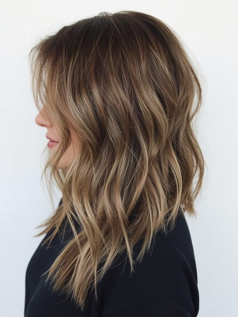 Butterfly Haircut Long Hair For Round Face: Side Swept Bangs