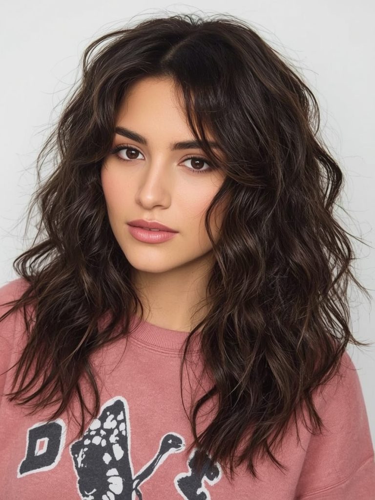 Butterfly Haircut Long Hair For Round Face: Deep Waves