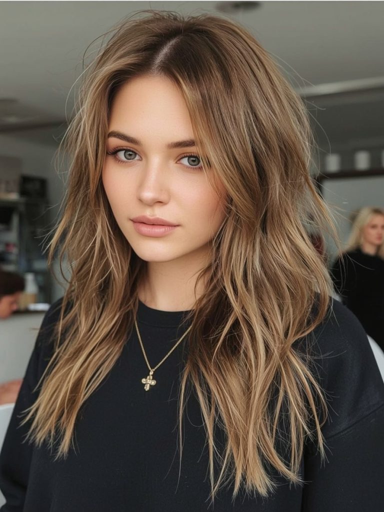 Butterfly Haircut Long Hair For Round Face: Textured Waves