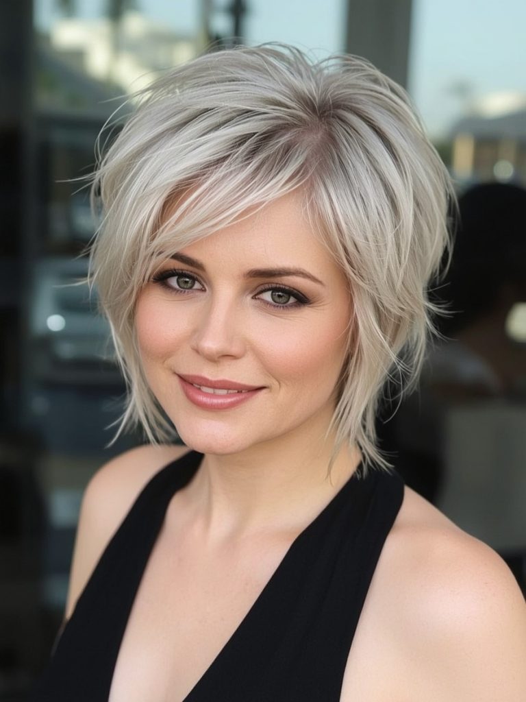 Hairstyle For Thin Fine Hair Over 50: Feathered Bob