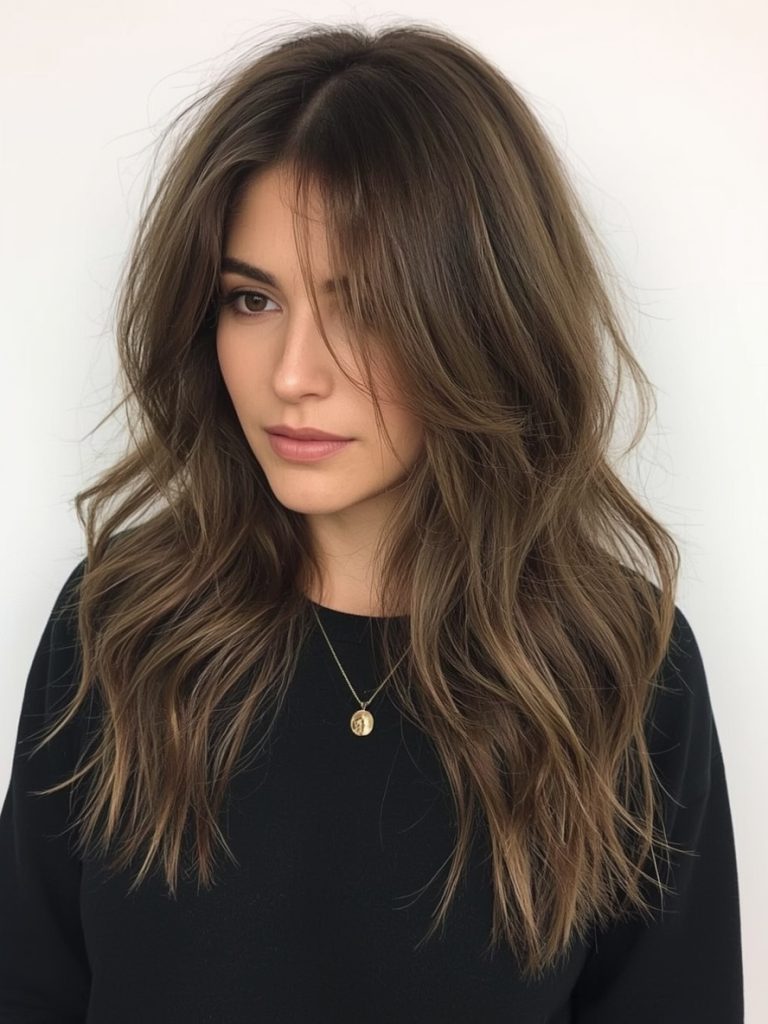 Long Hair Older Women: Curly Shag with Bangs